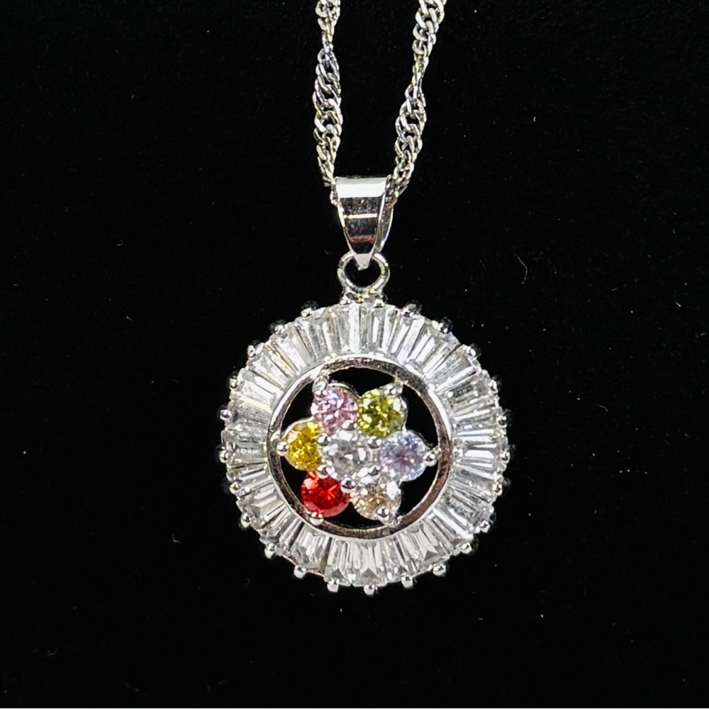Gorgeous multi colored bling pendant on Silvertone chain
